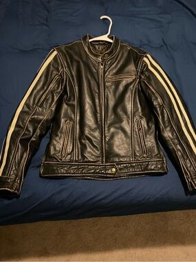 Dame Vintage Black Leather Women's Motorcycle Jacket with White Sleeve Stripes